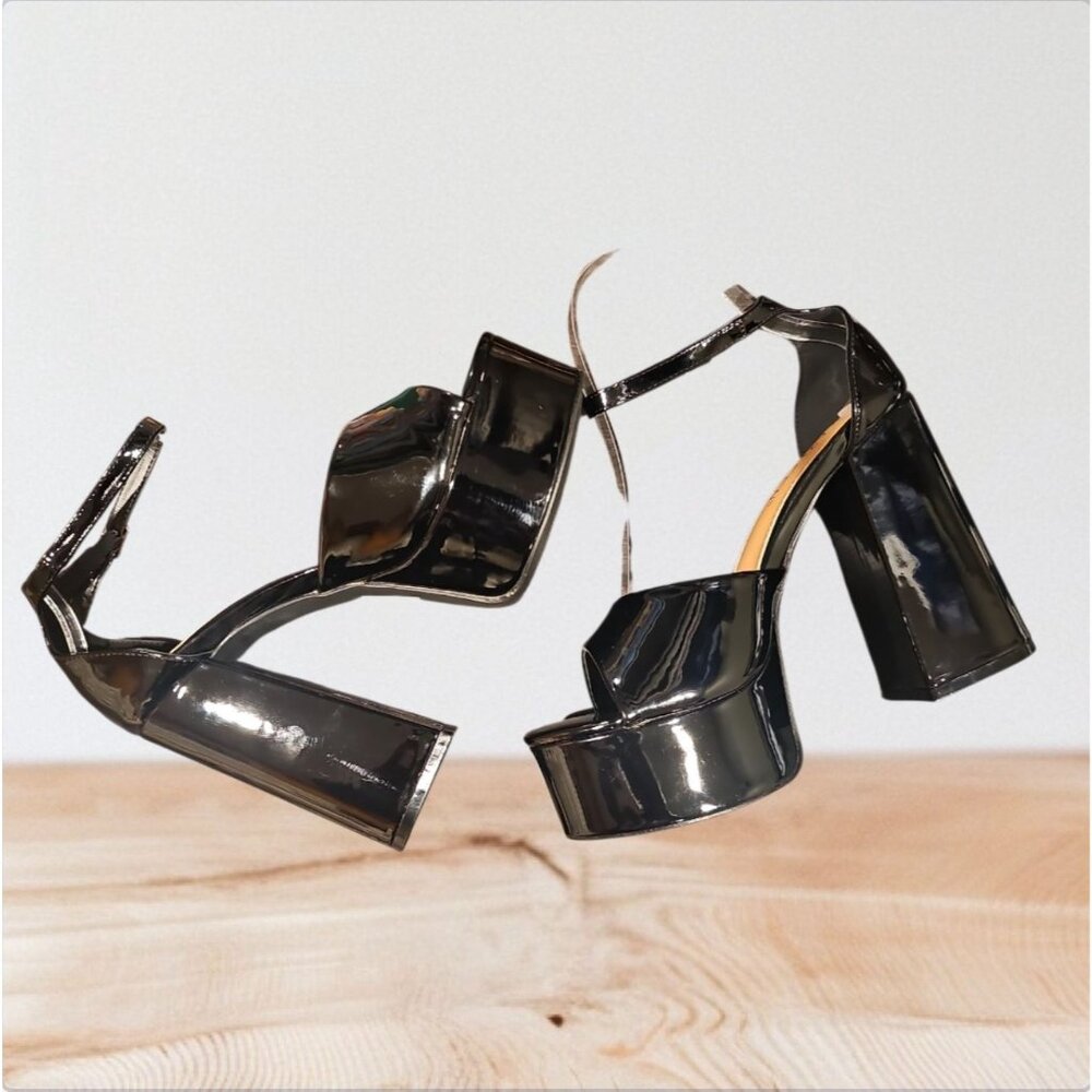 Metallic Black Platform High Heel Ankle Strap Sandals Glossy Patent Faux Leather - Picture 4 of 9